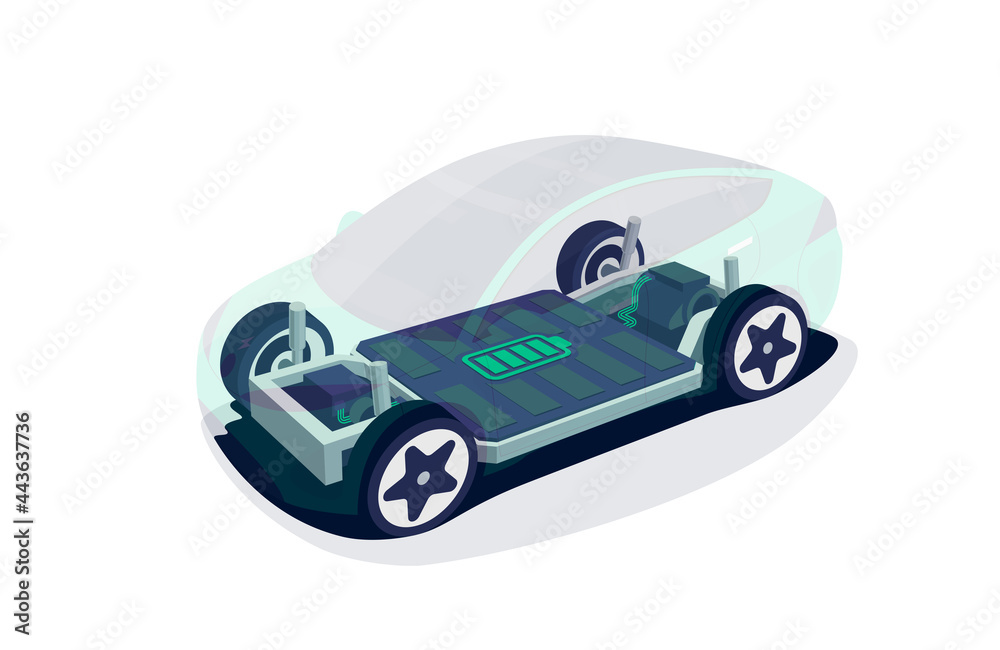 Fototapeta premium Electric car chassis with high energy battery cells pack modular platform. Skateboard module board. Vehicle components motor powertrain, controller with bodywork wheels. Isolated vector illustration.