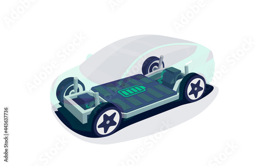 Electric car chassis with high energy battery cells pack modular platform. Skateboard module board. Vehicle components motor powertrain, controller with bodywork wheels. Isolated vector illustration.