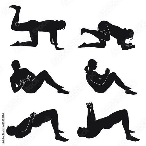Silhouette of girls doing fitness exercises with dumbbells. Vector profile of slim sportive woman in different sport positions. Vector sport girls silhouettes isolated on white background.