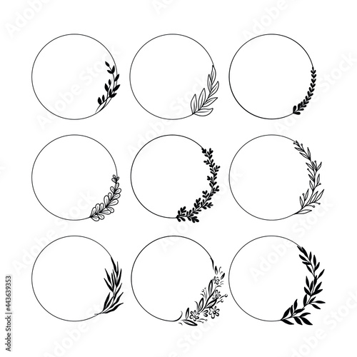 Set of round floral frames. Vintage laurel wreaths. Plants wreaths with leaves, branches, berries. Decorative doodle elements for design. Vector illustration isolated on white background