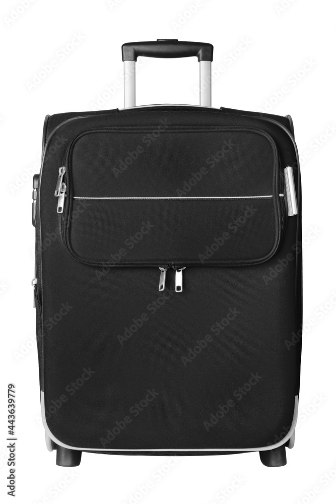 Black fabric travel suitcase wheels, zipper, handle, lock white background  isolated front view, large baggage case, big luggage trolley bag, summer  holidays, tourism, vacation, business trip accessory Stock Photo | Adobe  Stock