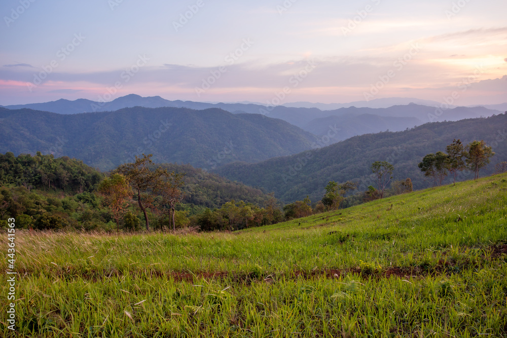 Sunset mountain scenery, green fields, agricultural areas that Thailand. Beautiful mountain views and space for text above.