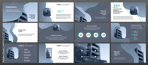Set of vector slides for presentations and reports. Geometric elements with infographics in minimal design on a white background. Can be used for brochures, flyers, booklets, banners, web interfaces.