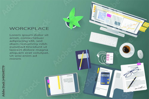 work from home concept on top view, freelance workplace with laptop computer, smartphone, pen, pencil, calculator, documents, and coffee, flat vector illustration

