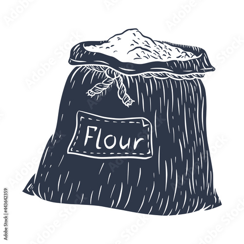 Flour Canvas Bag Silhouette Engraved. Line drawing etching silhouette of burlap sack with flour for emblem, logo, menu, recipe, food prints, stickers