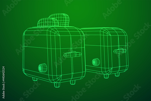 Toaster with two fried pieces of loaf prepared for a breakfast. Wireframe low poly mesh vector illustration.