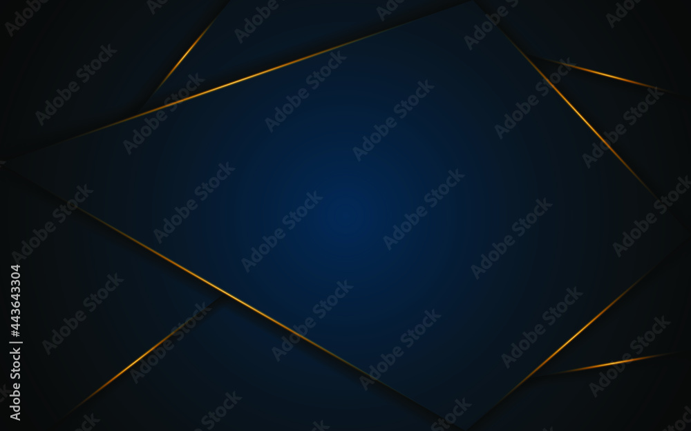 Abstract dark blue luxury polygon with golden lines on dark background ...
