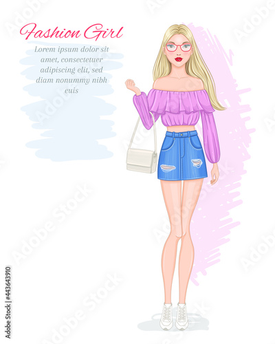 Vector hand drawn fashion illustration of a cute stylish young blonde woman. Beautiful fashion model posing.