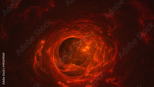 Abstract black hole vortex with orange light in void of space