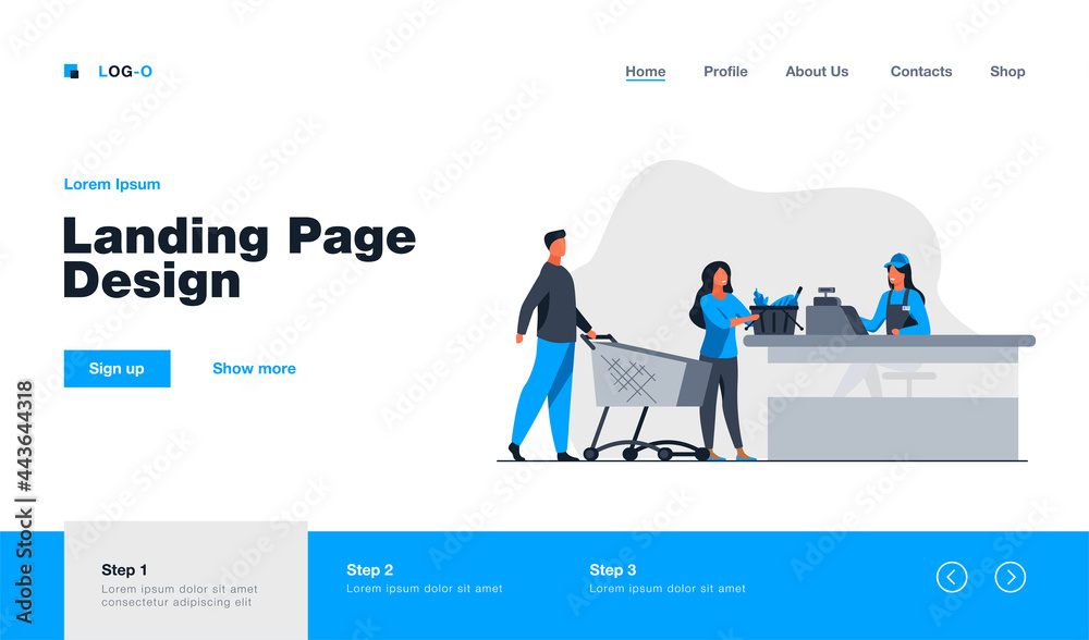 Young people standing near cashier in grocery store. Counter, payment, buyer flat vector illustration. Food, meal and products concept for banner, website design or landing web page Young people standing near cashier in grocery store. Counter, payment, buyer flat vector illustration. Food, meal and products concept for banner, website design or landing web page