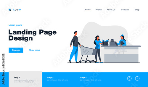 Young people standing near cashier in grocery store. Counter, payment, buyer flat vector illustration. Food, meal and products concept for banner, website design or landing web page