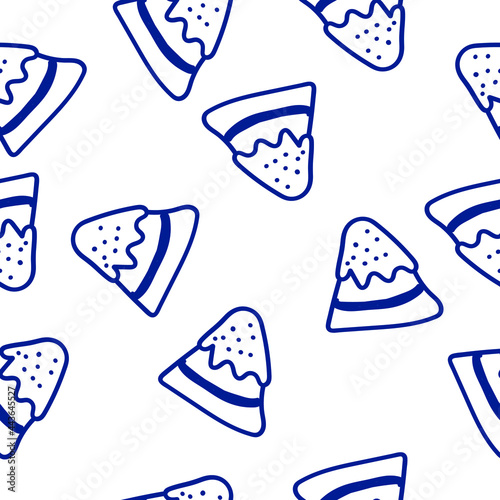 Vector confectionery seamless pattern with pies, pies, pies, cupcakes and eclairs Hand drawn sweet baked goods in sketchy style isolated on white background. Blue lines.