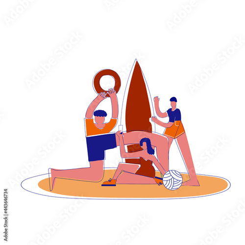 People enjoying recreation on beach. Getting tan, swimming in lake, nature flat vector illustration. Summer, vacation, outdoor activity concept for banner, website design or landing web page