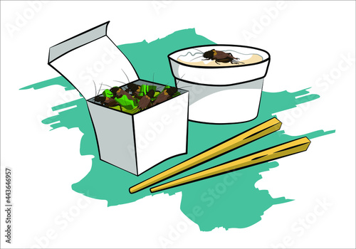 Crickets insects for eating as food deep-fried crispy snack and chopstick in paper box for take out home. It is good source of protein edible for eating future food and entomophagy concept.