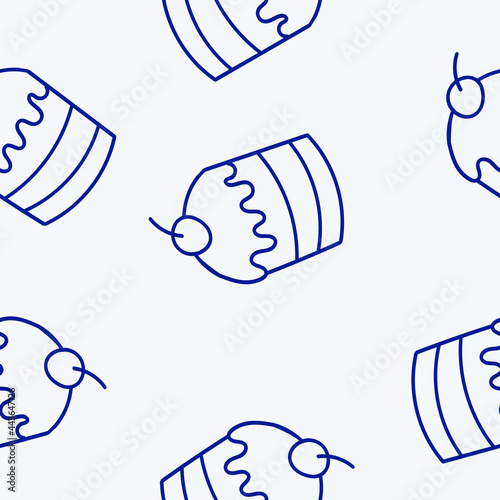 Vector confectionery seamless pattern with pies, pies, pies, cupcakes and eclairs Hand drawn sweet baked goods in sketchy style isolated on white background. Blue lines.