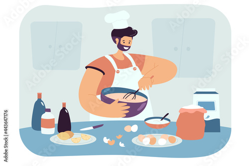 Happy man preparing pastries flat vector illustration. Cook in apron and cap mixing flour and eggs, making dough in bowl, preparing dessert in kitchen. Food, pastry, baking, cooking concept
