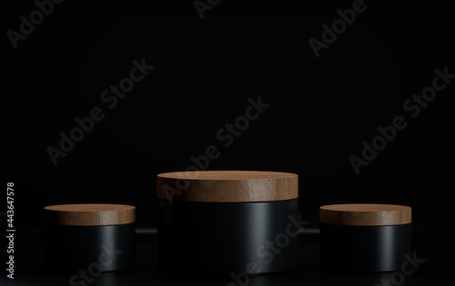 Pedestal or product display with wooden parts on black background. Wooden podium stage. 3D render