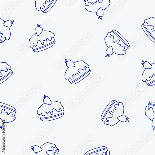 Vector confectionery seamless pattern with pies, pies, pies, cupcakes and eclairs Hand drawn sweet baked goods in sketchy style isolated on white background. Blue lines.