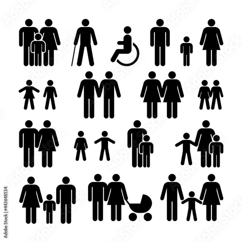 People Icons Set. Family  Men  Women  Couple  Children  Elderly  Disabled. Vector illustration.