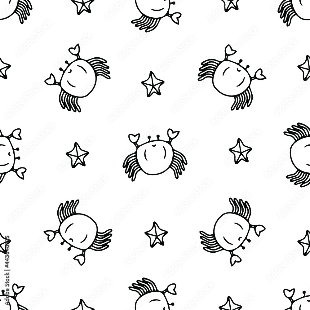 Seamless vector pattern with sea and ocean creatures such as crab, jellyfish, Outline drawing perfect for coloring page or book Seamless vector pattern with sea and ocean creatures such as crab, jellyfish, Outline drawing perfect for coloring page or book
