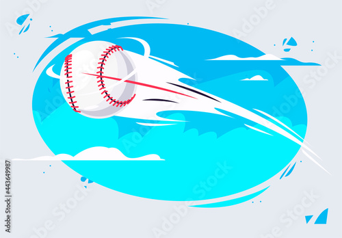 Vector illustration of a baseball ball flying fast in the air against the sky background