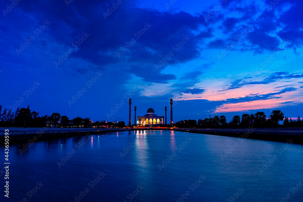 Beautiful landscape light with colorful sky  before sunset at The Central Mosque of Songkhla, Hat Yai, Songkhla, Thailand.