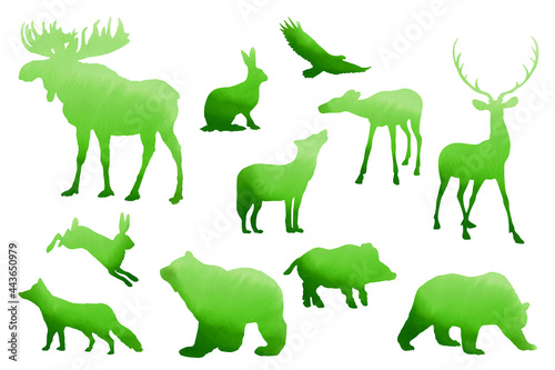 Wild forest animals. Green silhouettes set on white background