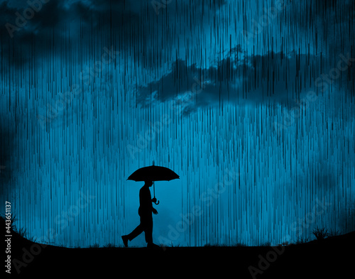 Obraz na płótnie A man walks with his umbrella in a rainstorm at night in this 3-d illustration
