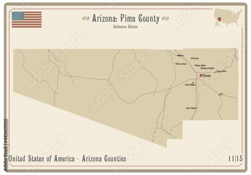 Map on an old playing card of Pima county in Arizona, USA. photo
