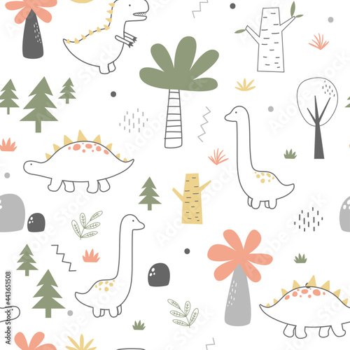 Vector hand-drawn children’s illustration, print, the card with the cute dinosaurs, seamless pattern and drops in Scandinavian style on a white background.