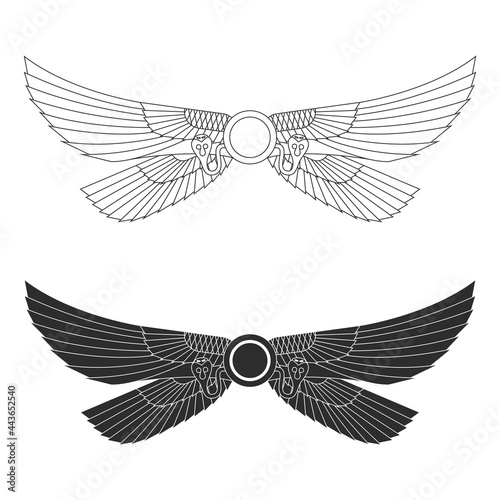 vector monochrome icon set with ancient egyptian symbol Winged sun for your project
