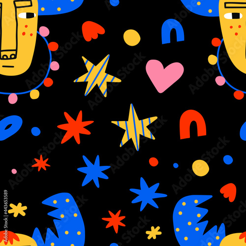 colorful Christmas seamless pattern-psychedelic santa, children, deer,decorations.New Year celebration.Party in the style of the 80s and 90s.Bizarre characters 2022	