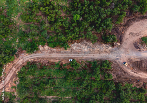 Top view Machinery deforestation for construction 