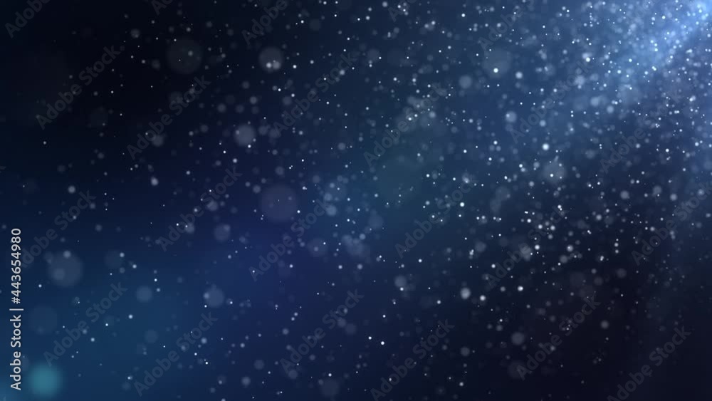 Seamless background animation of slowly flying dust particles on a blue background with shallow depth of field. Abstract dark particle looped background futuristic concept with bokeh. Motion graphic