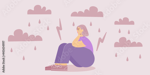 Sad girl with an anxiety disorder in depression is sitting and crying, cloud with rain and lightning is above her. A tense girl isolated on white background. Vector illustration in flat style