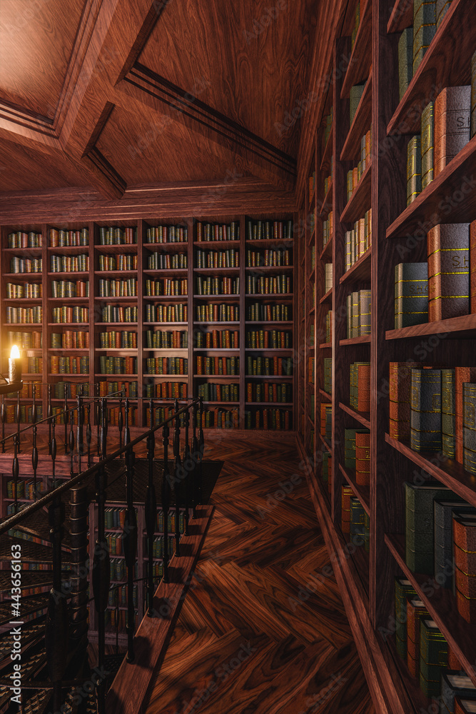 A 3d rendered interior old gothic fantasy library background.  - obrazy, fototapety, plakaty 