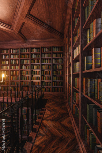 A 3d rendered interior old gothic fantasy library background. 