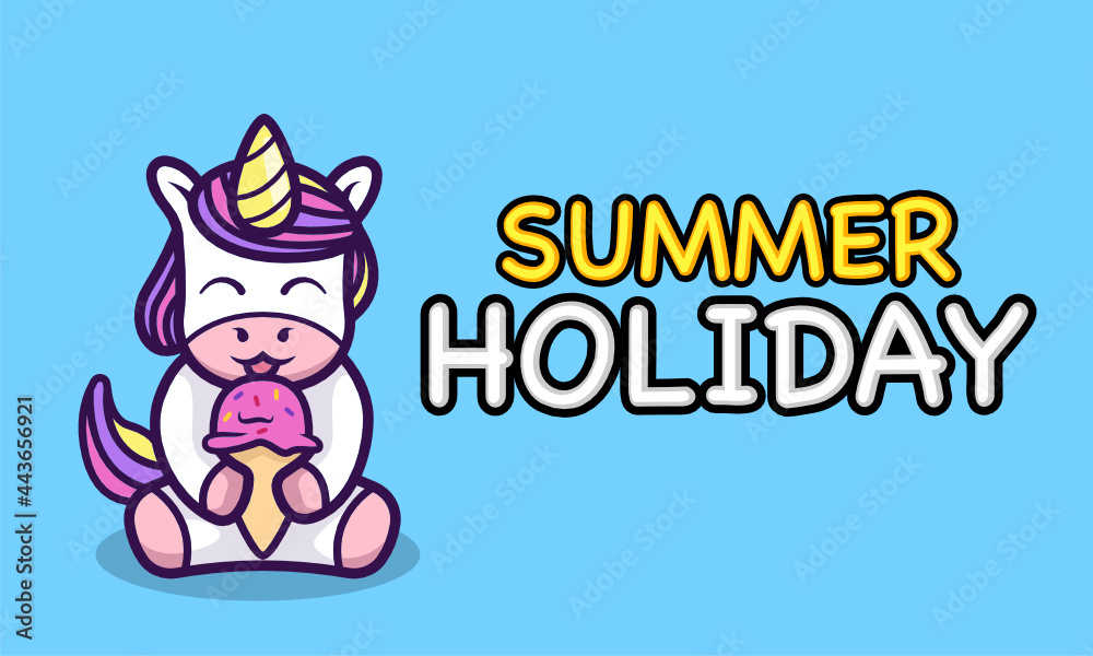 Fototapeta premium Cute unicorn eating ice cream summer holiday banner