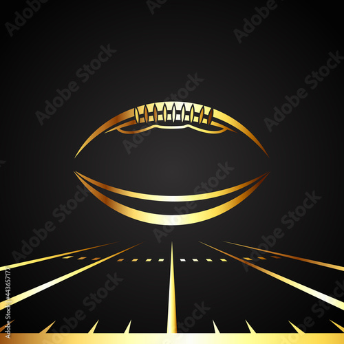 American football logo poster illustration. Gold American football icon on dark background