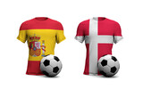 Denmark Vs. Spain soccer match. National flags with football. 3D Rendering