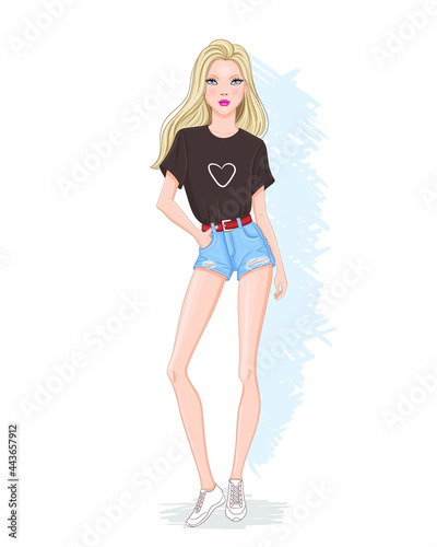Vector hand drawn fashion illustration of a cute stylish young woman wearing denim shorts, with long blonde hair. Beautiful fashion model posing.