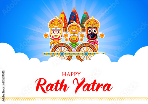 Lord Jagannath, Balabhadra and Subhadra on annual Rathayatra in Odisha festival background