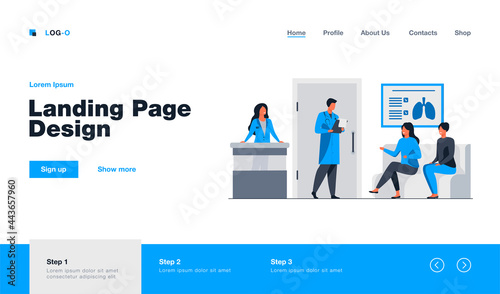 People sitting in hospital corridor and waiting for doctor. Patient, clinic, visit flat vector illustration. Medicine and healthcare concept for banner, website design or landing web page