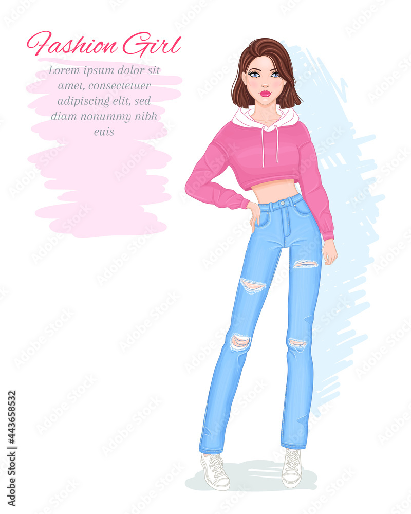 Vector hand drawn fashion illustration of a cute stylish young woman wearing ripped jeans and a pink hoodie. Beautiful fashion model posing.