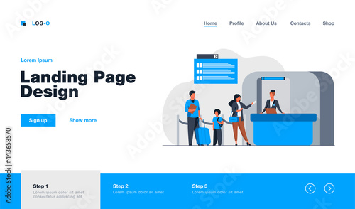 People standing at flight registration counter. Family, baggage, ticket flat vector illustration. Travelling and vacation concept for banner, website design or landing web page