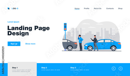 Two men having car accident isolated flat vector illustration. Cartoon people looking at automobile damage. Emergency, incident and driving concept