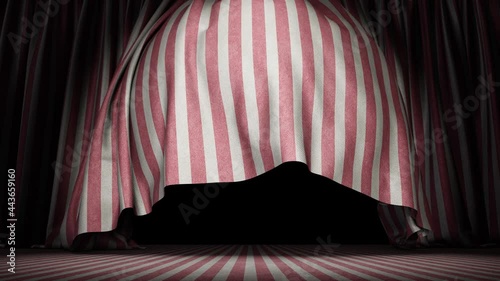 Realistic 3D animation of the red and white stripes vintage grungy show or circus stage curtain being opened with the wind blow rendered in UHD with alpha matte