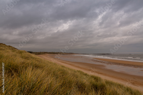 A deserted Embleton Bay in Northumberland  England  through the marram grass with cloudy skies overhead