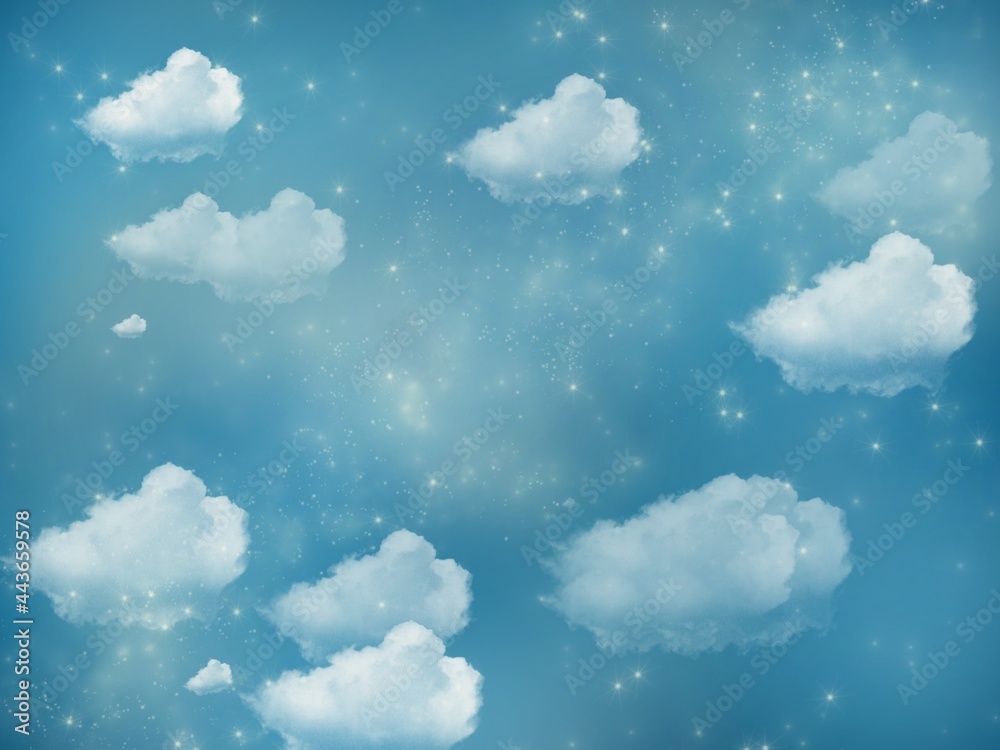 Sky texture background with clouds and bright and fantasy stars of blue, bluish, green and greenish color