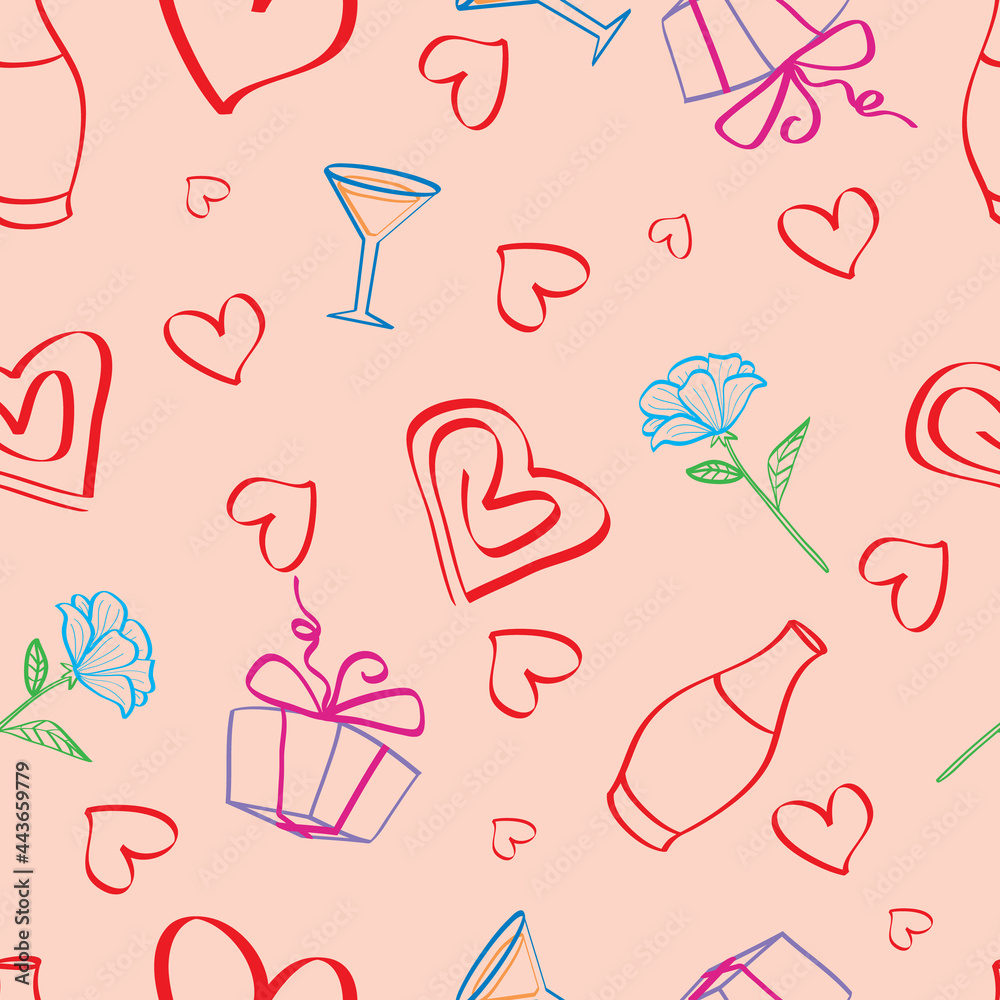 pattern, on a pink background gifts flowers and hearts, vector illustration, pattern, on a pink background gifts flowers and hearts, vector illustration,